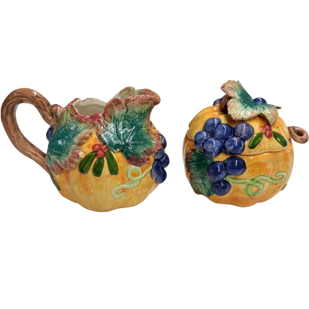 Fitz and Floyd Creamer Sugar Bowl Set Harvest Pumpkin Grape Ceramic 1993 FF
